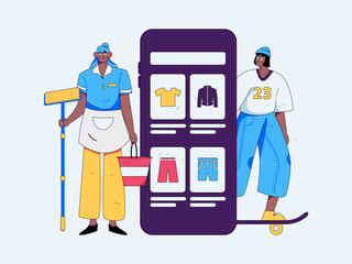 Holiday shopping people doing e-commerce online shopping flat vector concept operation hand drawn illustration
