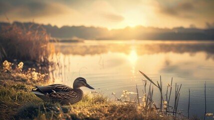 A duck is sitting on the grass by a lake - Powered by Adobe