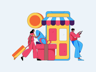 Holiday shopping people doing e-commerce online shopping flat vector concept operation hand drawn illustration
