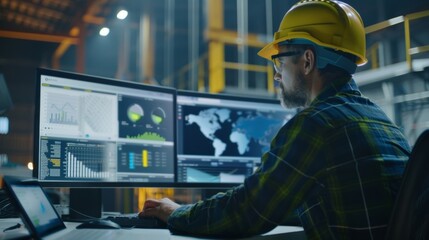 A contractor monitoring a live dashboard of data collected from various IoT devices providing insights on productivity and identifying areas for improvement on the construction site.