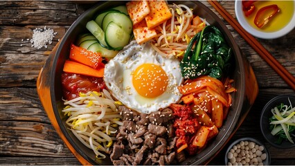 a colorful and well-arranged Bibimbap, a traditional Korean dish