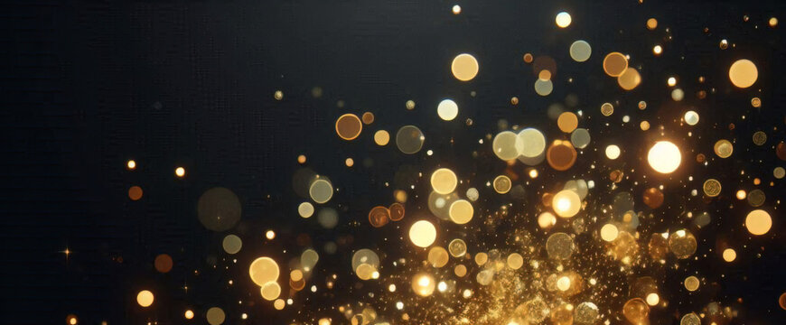 Gold funkelnde Partikel abstrakter Hintergrund. Weihnachtsgoldene Lichtglanzpartikel Bokeh auf marineblauem schwarzem Hintergrund. Urlaubskonzept. Abstrakter Hintergrund mit Goldpartikeln.