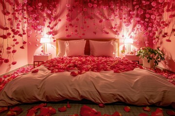 roses flower petals on couple bed room when honeymoon 