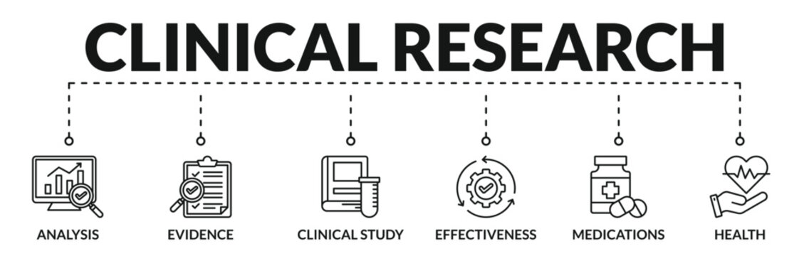 Banner of clinical research web vector illustration concept with icons of analysis, evidence, clinical study, effectiveness, medications, health
