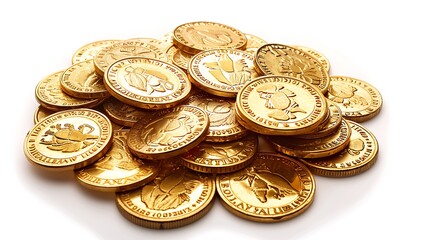 A pile of gold coins on a white background.