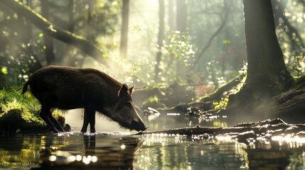A pig is walking in a forest near a river
