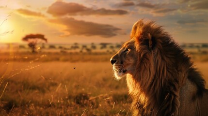 A lion is standing in a field with a sunset in the background