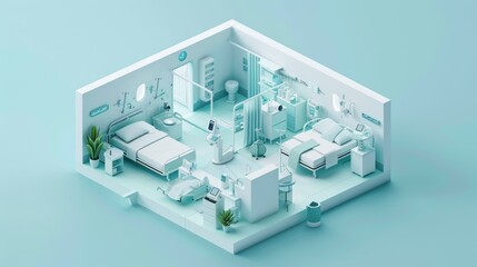 A hospital room with two beds and a small table, isometric style