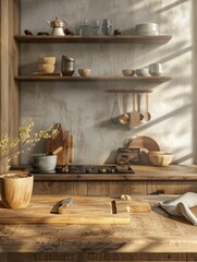 Wooden board with wooden pedestal and free space for your decoration. Kitchen interior with shelfs. Sun natural light and shadows. Mockup place for your products - generative ai