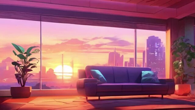 animated virtual backgrounds, stream overlay loop, interior, cozy futuristic living room at sunset, vtuber asset twitch zoom OBS screen, chill anime lo-fi hip hop