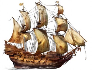 Naklejka premium Old pirate ship yellow sails flag front vintage nautical vessel isolated background adventure.