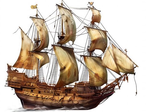 An old pirate ship with yellow sails and a yellow flag at the front. - Powered by Adobe