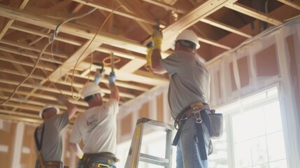 A team of electricians installing wiring in a new home with a ladder and tool belt visible in the background.