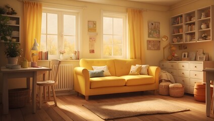  Craft a cheerful story set in a warmly lit yellowish room, where memories are shared and bonds are strengthened ai_generated