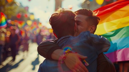 Two people hug each other while holding a rainbow flag, lgbt support concept