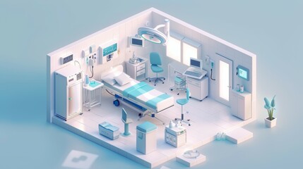 A hospital room with a bed, a refrigerator, a chair, a computer, isometric style