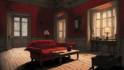 A suspenseful tale set in a dimly lit, reddish room where shadows conceal secrets waiting to be uncovered ai_generated