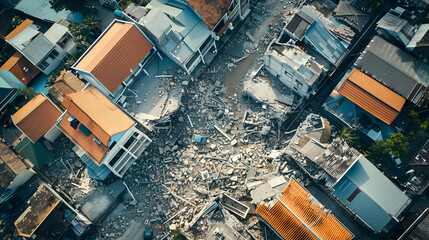 Aerial view of earthquake destruction in a residential area, highlighting the consequences of natural disasters. For educational, urban planning, and emergency response materials.
