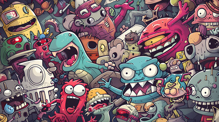 Obraz premium A cartoonish drawing of many different monsters and creatures