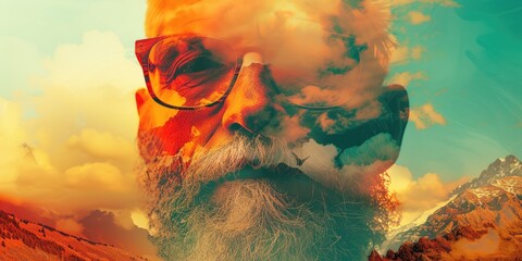 Creative abstract portrait picture of double exposure between old people and natural view surrounded with blue sky. Modern art of elderly man with side view combine between old man and nature. AIG42.