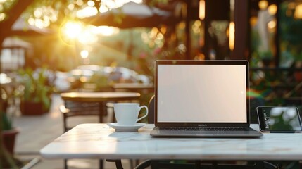 laptop mockup with blank screen on white table in outdoor cafe, cup of coffee and tablet on the side, blurred background of restaurant terrace at sunset