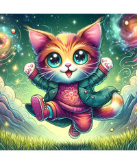 Unique and lively illustration of a kitty, dressed in cute and interesting clothes, jumping happily...
