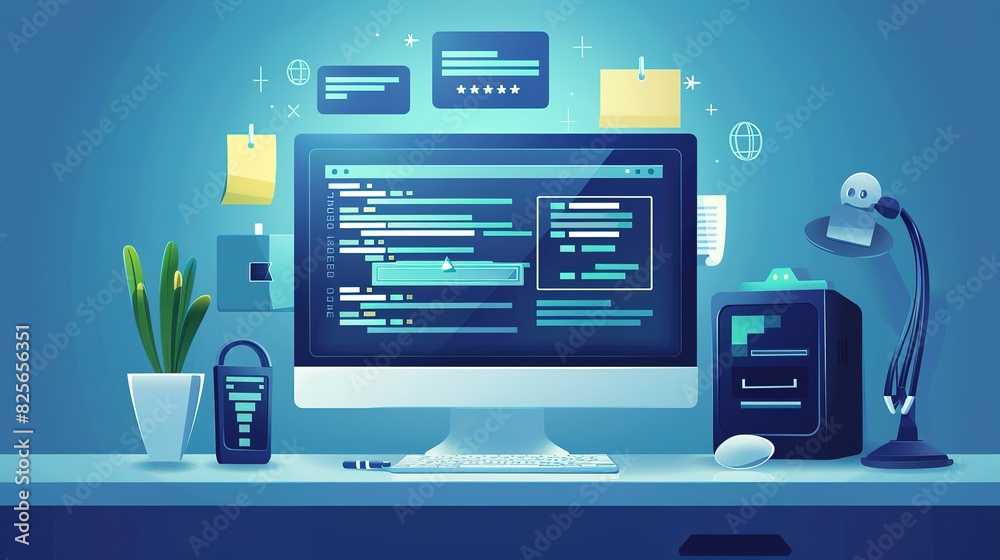 Wall mural computer with software system update and development concept, vector flat design illustration