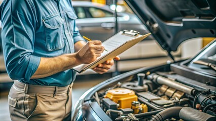Closeup car repairman writing job checklist on clipboard and standing in front of open car engine, generative ai