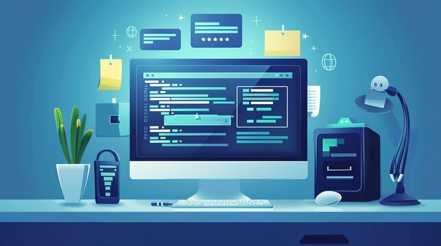 computer with software system update and development concept, vector flat design illustration
