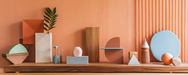 Wooden podium with geometric shaped objects placed on it