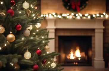 Christmas tree with gold and red balls on the background of the fireplace. A cozy Christmas evening and holidays with the family