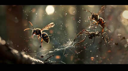 Three insects are flying in the air, one of which is a wasp