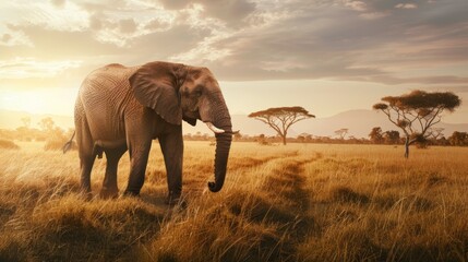 Obraz premium A large elephant is walking through a grassy plain