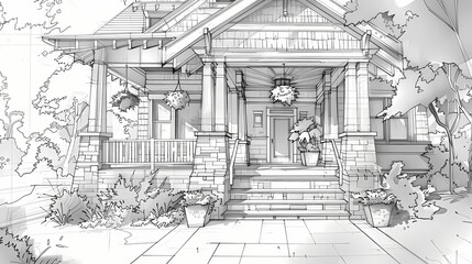 Sketch a detailed top view of a craftsman-style dwelling with intricate woodwork and a front porch adorned with hanging flower baskets, set amidst a tranquil environment