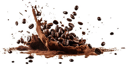 "Coffee Explosion Vector Stock: Dynamic Scattering of Dark Brown Beans and Grounds"