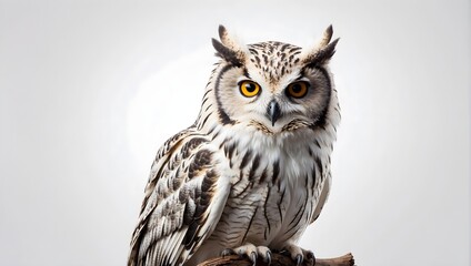 Fototapeta premium A majestic owl perched against a pristine white backdrop, its eyes piercing through the purity of the canvas ai_generated