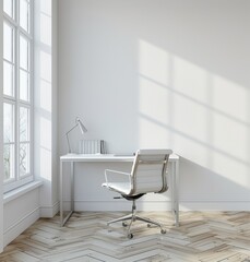 white modern desk sits in the middle of an empty room with a parquet floor