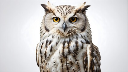 Obraz premium A majestic owl perched against a pristine white backdrop, its eyes piercing through the purity of the canvas ai_generated
