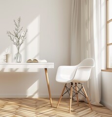 white modern desk sits in the middle of an empty room with a parquet floor