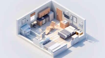 Fototapeta na wymiar A small room with a bed, a chair, desk, a sink, and a refrigerator, isometric style
