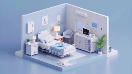 A hospital room with a bed, chair, and a plant, isometric style