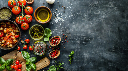 A vibrant display of fresh ingredients on a dark background, including tomatoes, herbs, oils, and spices. This image symbolizes the essence of Mediterranean cuisine and the art of cooking with fresh,  - Powered by Adobe