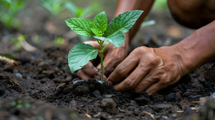 a close up shot of hands planting saplings in rich soil, environmental conservation and sustainability concept