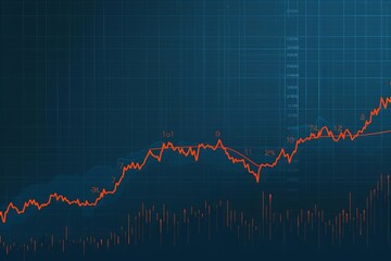 Stock market chart, numbers and orange upward line, blue background