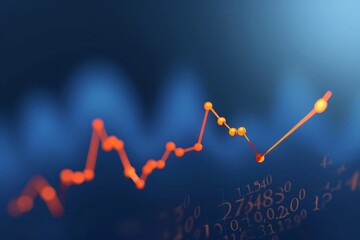 Stock market chart, numbers and orange upward line, blue background