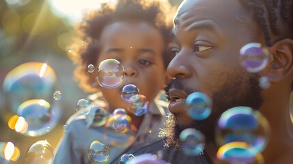 Father and Child Create Joyful Bubble Memories on a Summer Day in the Yard