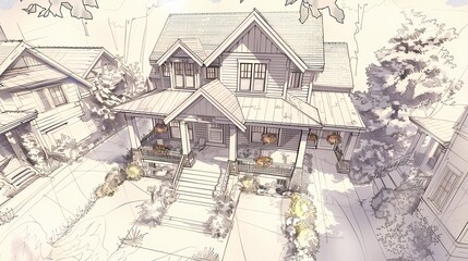 Sketch a detailed top view of a craftsman-style dwelling with intricate woodwork and a front porch adorned with hanging flower baskets, set amidst a tranquil environment