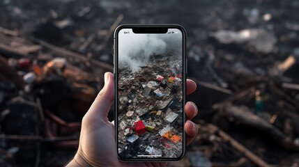 Person holding mockup smartphone displaying an image of burnt debris amidst the backdrop of a real rubble site.