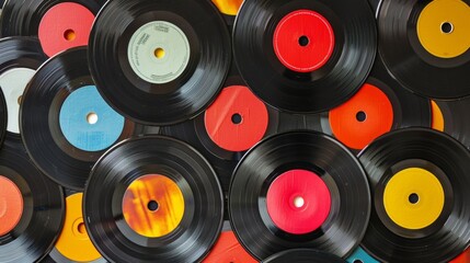 A collection of vintage vinyl records from different countries is displayed in a museumlike exhibit showcasing the rich music history of World Record Day.