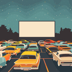 An outdoor cinema with a large screen and multiple rows of parked cars facing the screen